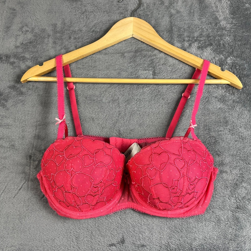 Victorias Secret Pink Balconette Bra Wink Push Up 36C Embroidered Heart Lace